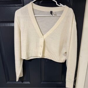 Cropped V-Neck Button Cardigan Sweater - Cream